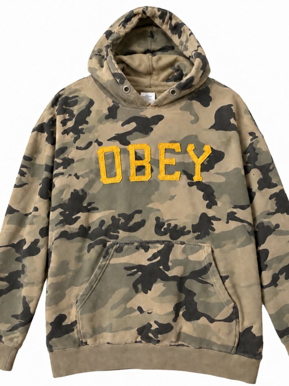 OBEY XL Camo Pullover Hoodie Green Yellow Logo Distressed